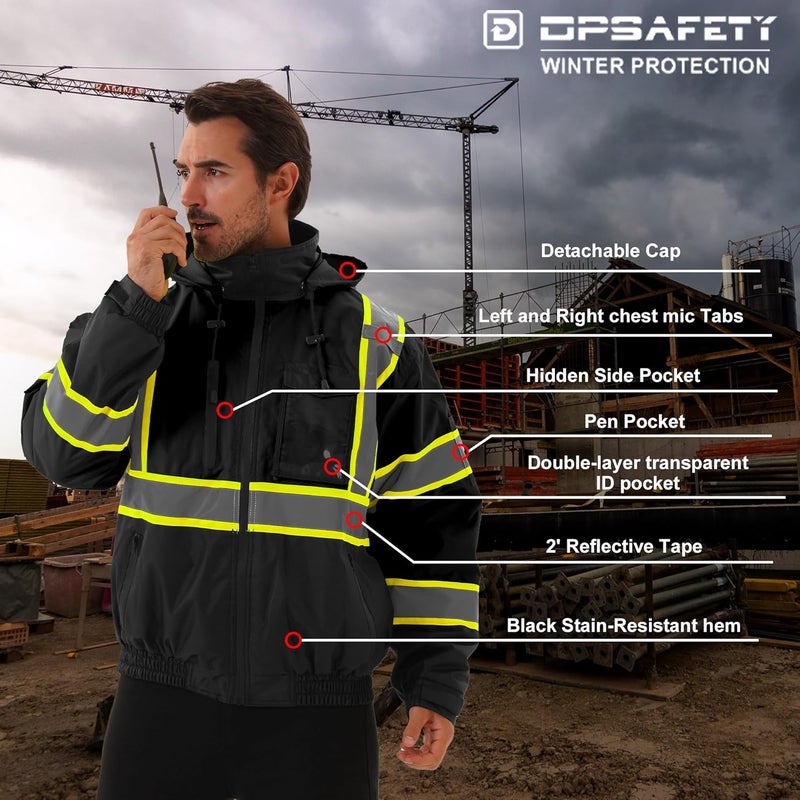 DPSAFETY Hi Vis Safety jacket for men,Reflective high Visibility Hooded jacket,Work Bomber Jacket with Pockets and Zipper,Waterproof,ANSI Class 3 Black,Small - Image 3